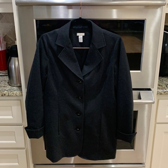 Chico’s size 1 dark charcoal gray lined button down jacket with front pockets. - Picture 1 of 16